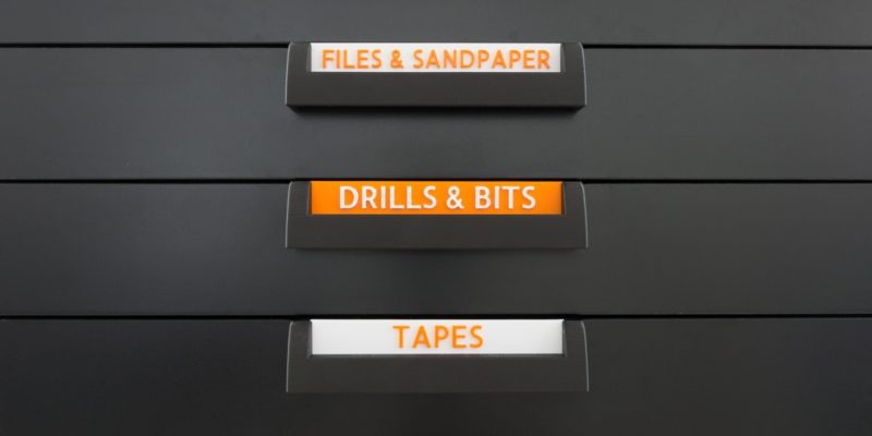 3D Printed labels and handles on an IKEA ALEX drawer cabinet.