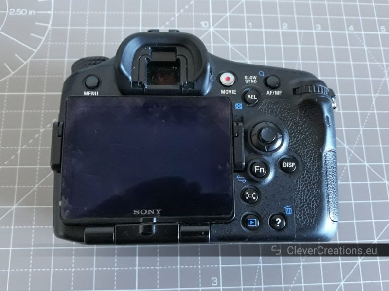 The back of a Sony SLT-A77 camera body.