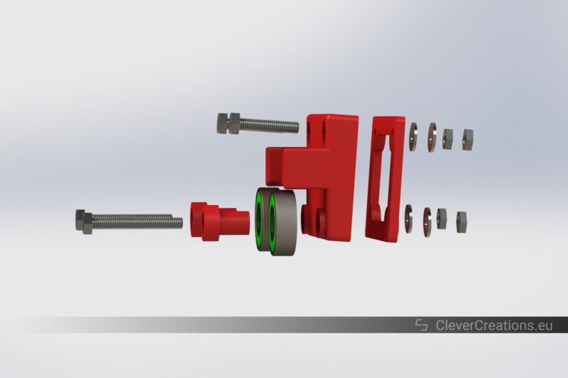 An exploded view of a low friction filament storage assembly that consists out of 3D printed parts, bolts, washers, nuts and roller bearings.