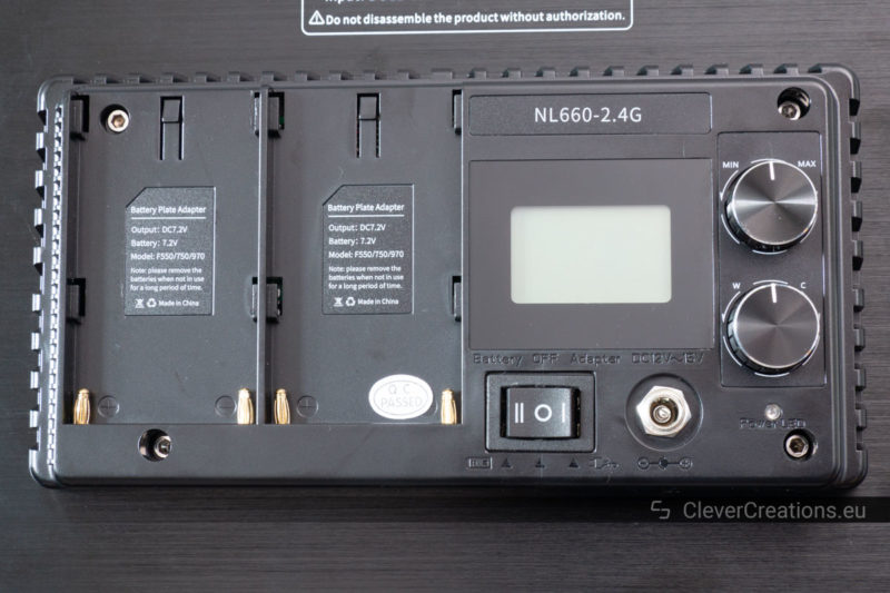 A close-up of the controls on the rear of a Neewer 2.4G 660 LED light.