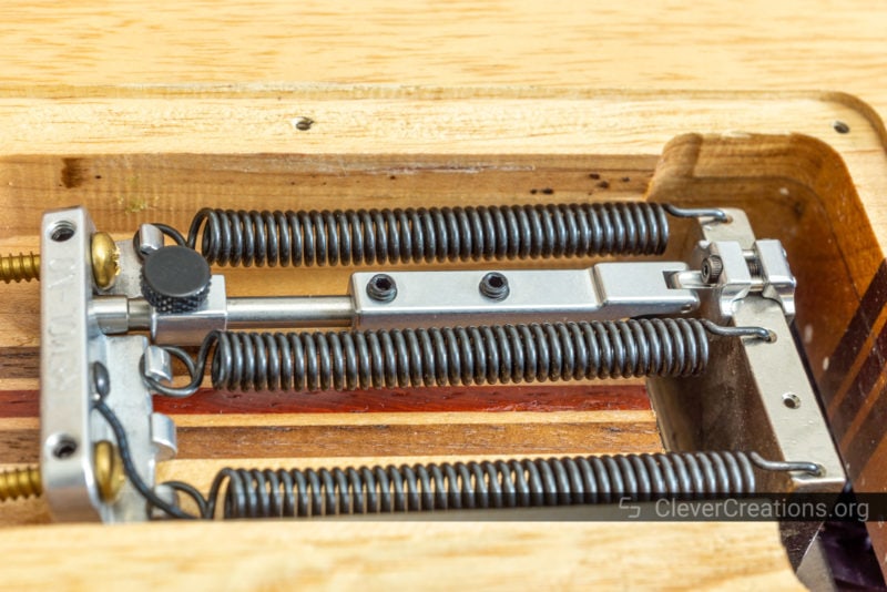 A combination of set screws and a thumbscrews used in a tremolo locking device.