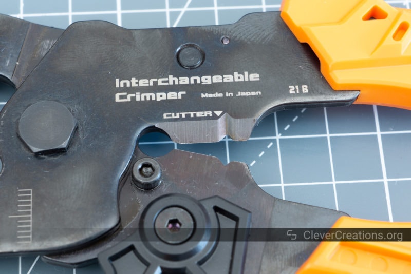 Close-up of the wire cutter/stripper embedded in the PAD-11 tool.