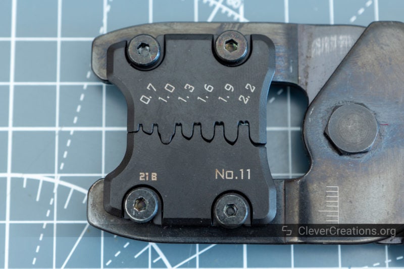 Top view of an Engineer crimping tool with precision PAD-11S die plates.