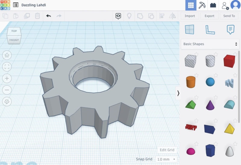 A 3D model of a gear in Tinkercad 3D design software