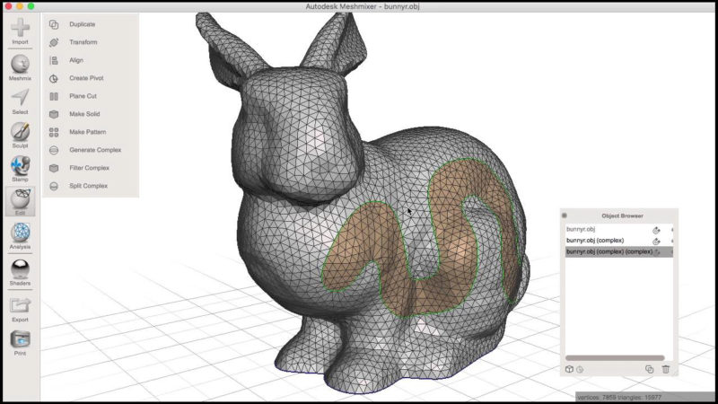 A rabbit 3D model being modified in Meshmixer.
