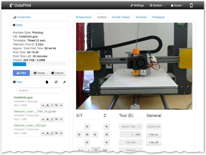 A screenshot of a 3D printer being controlled through Octoprint