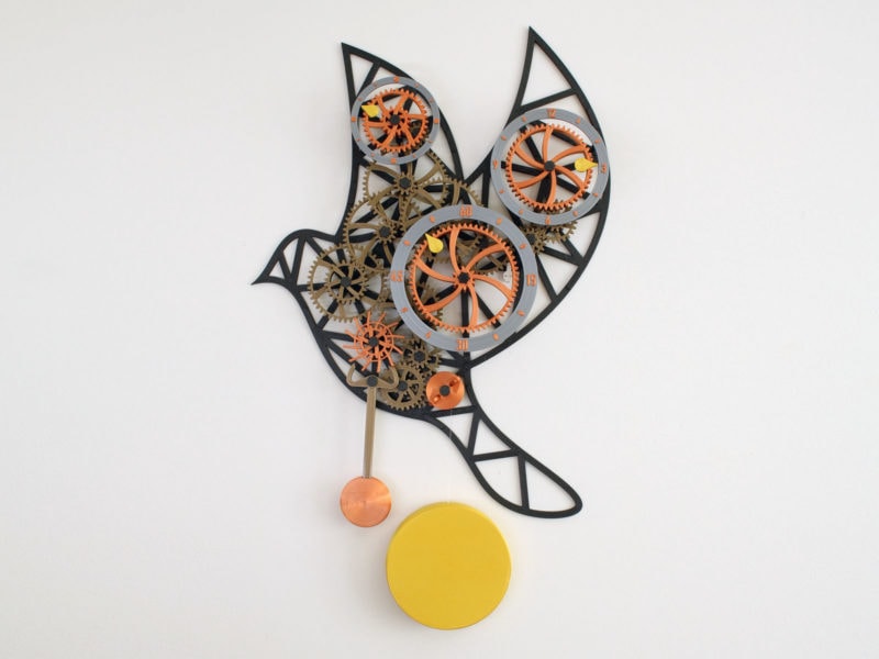 An intricate bird-themed 3D printed clock with gears