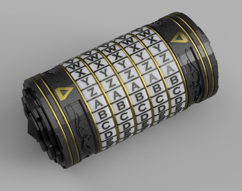 A 3D model of a cryptex with five letter cylinders