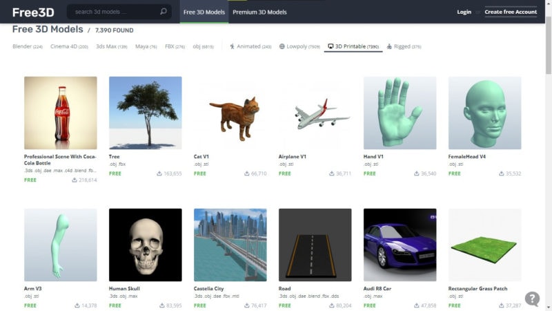 Screenshot of Free3D model repository for CG and VR 3D models