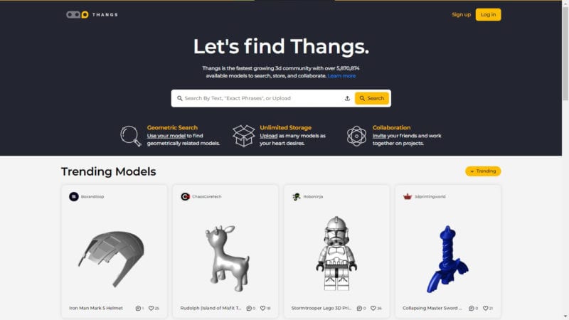 Screenshot of Thangs 3D model search engine.