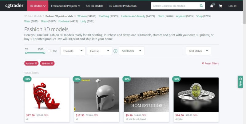 Screenshot of CGTrader online marketplace for 3D printing models