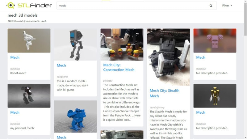 Screenshot of STL Finder 3D printing models search engine