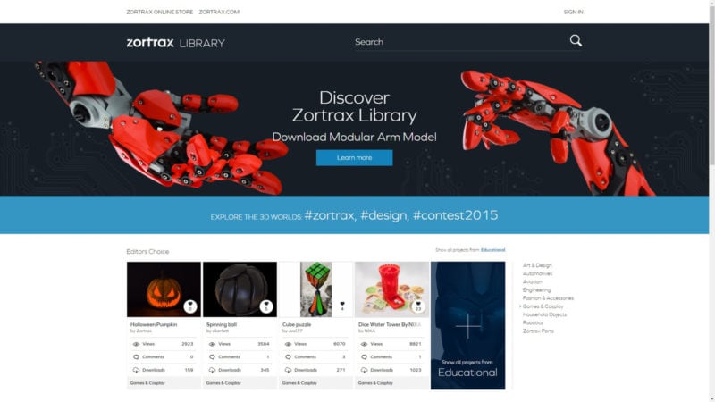 Screenshot of the Zortrax 3D printing library