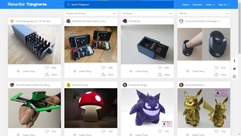 Screenshot of Thingiverse front page