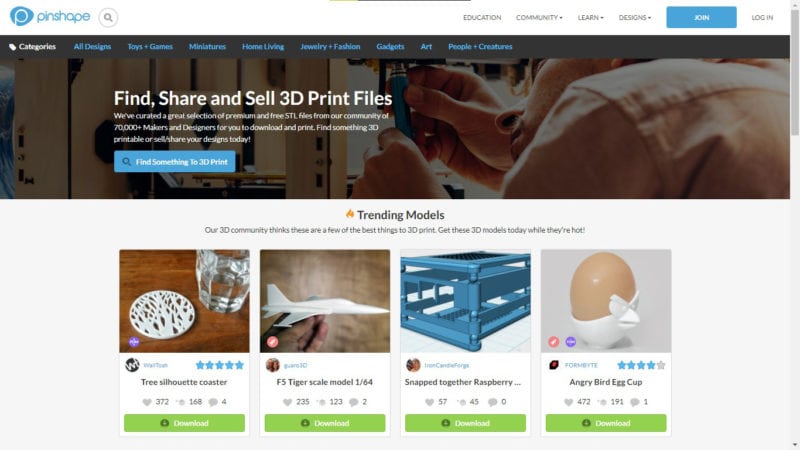 Screenshot of Pinshape 3D printing file marketplace