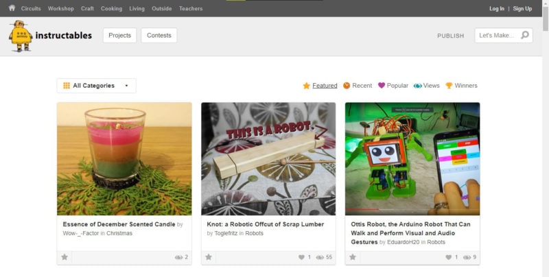 Screenshot of Instructables project sharing website