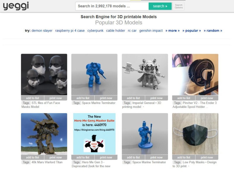 Screenshot of Yeggi 3D search engine
