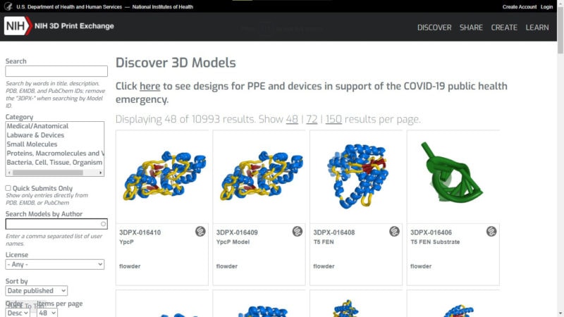 Screenshot of the NIH database of accurately modeled 3D printable biomedical models