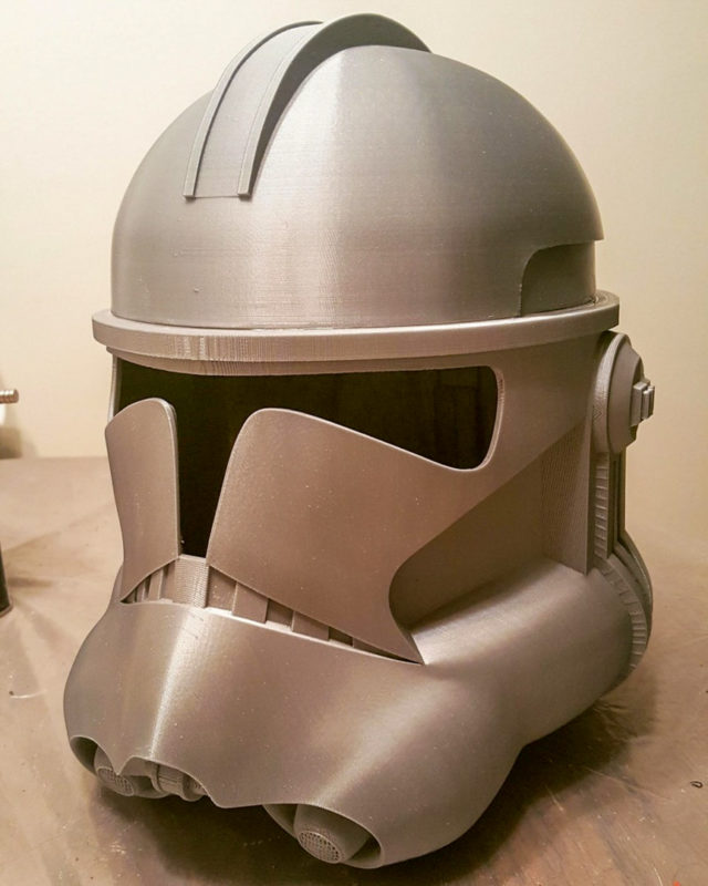 A 3D printed Storm Trooper helmet in grey