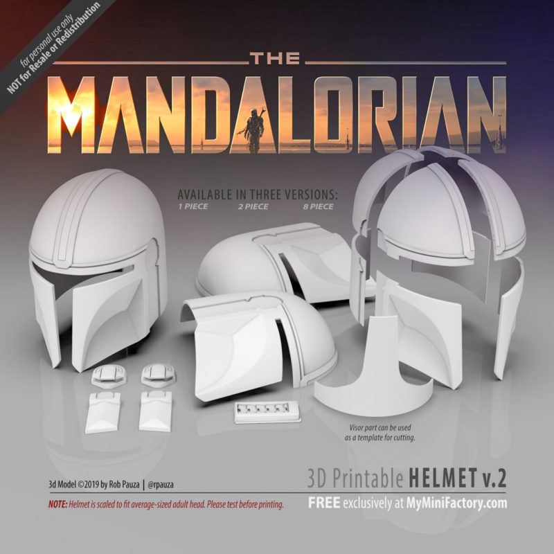 A promotional image for a 3D printable Star Wars Mandalorian helmet