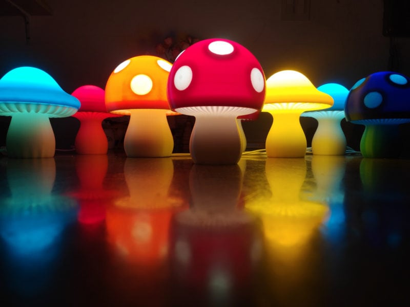 A collection of colorful mushroom lamps