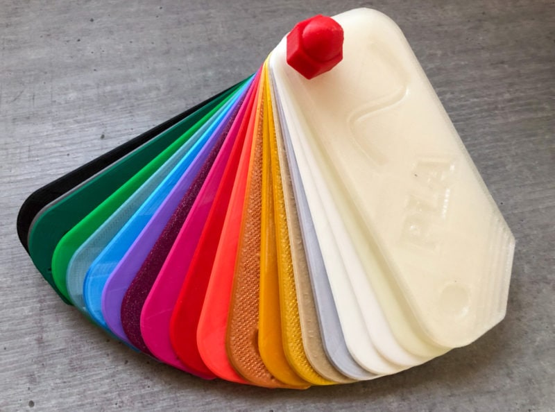 A PLA plus filament swatch with various colors of material