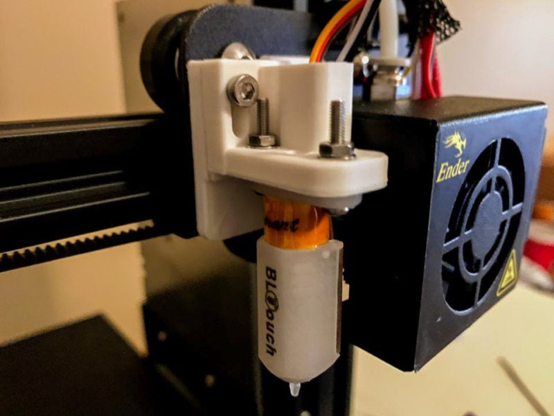 A BLTouch installed on a Creality Ender 3D printer