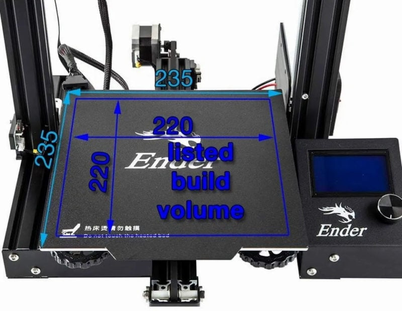 A demonstration of the Ender 3 bed size dimensions and its usable print area