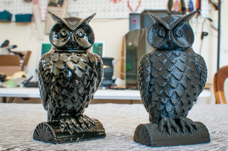 An acetone-vapor smoothed ABS 3D printed owl next to an unsmoothed version