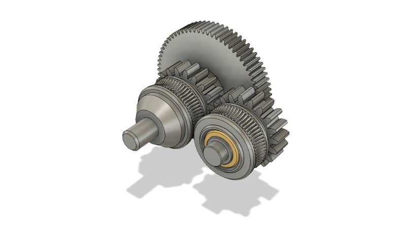 A render of a dual gear system in a geared 3D printer extruder