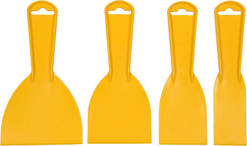Four yellow plastic spatulas