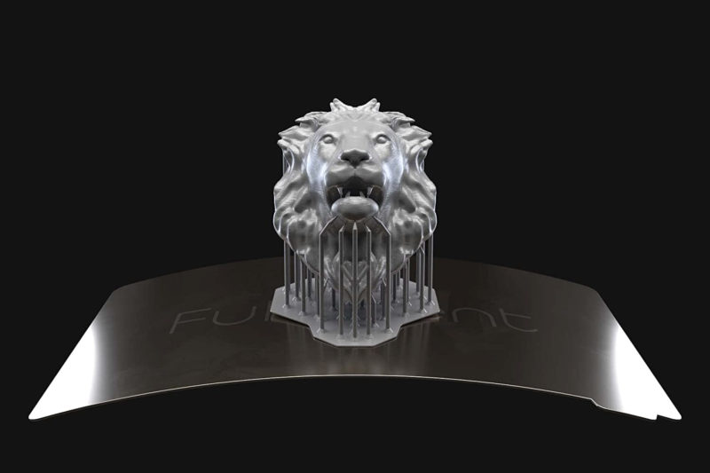 A flex plate accessory for resin 3D printing with a lion print on it.