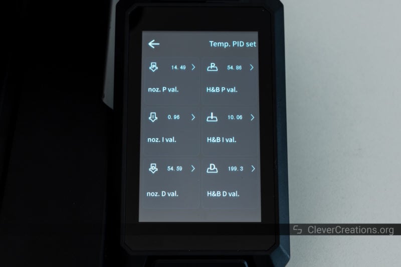 A touch screen displaying PID settings