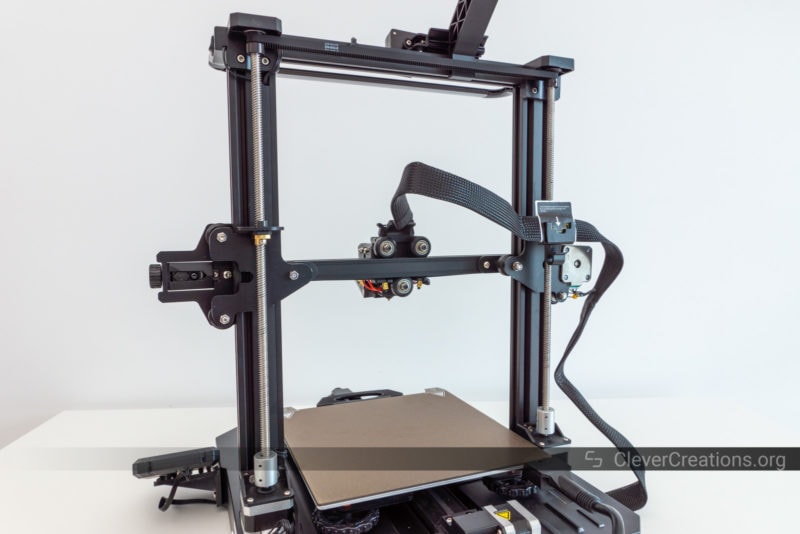 A dual Z-axis setup on the back of an open-frame 3D printer