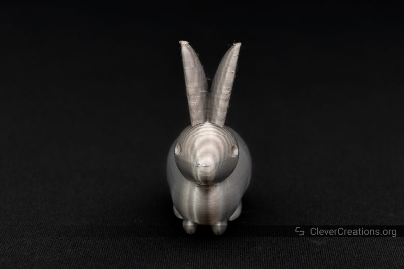 A 3D printed bunny in silver PLA