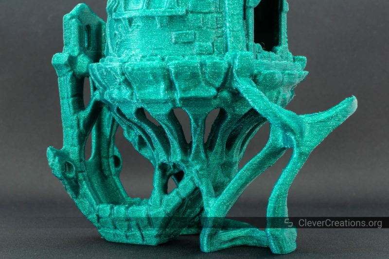A close-up of birdhouse 3D print with lots of overhangs that came out successfully