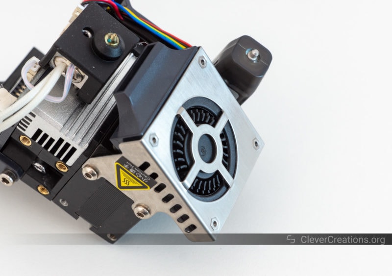 A close-up of a 3D printer extruder cooling fan