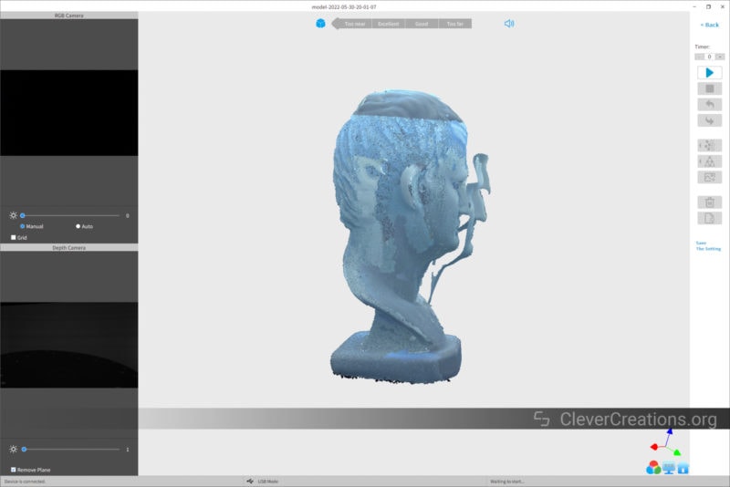 A screenshot of a scanned statue of a face with a number of graphical glitches