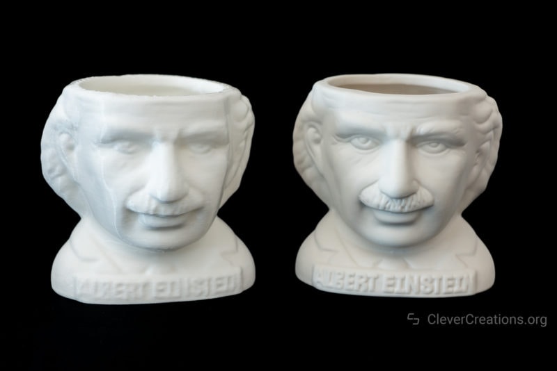 A front view of an original Albert Einstein planter next to a 3D scanned and printed copy