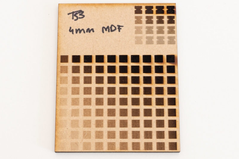 A 4 mm MDF material test card for engraving and cutting wood