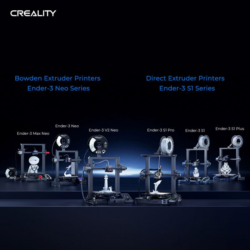 Six Creality 3D printers displayed next to each other on a dark background