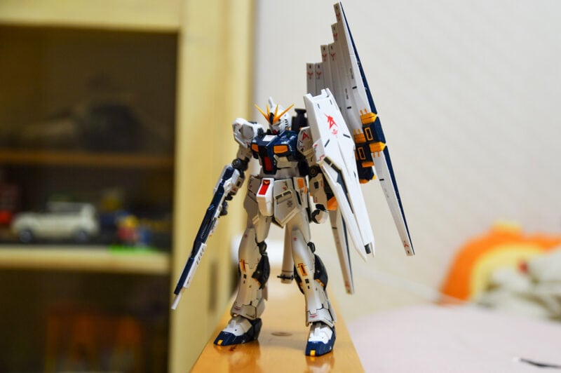 A Bandai Gundam with 1:144 model scale assembled