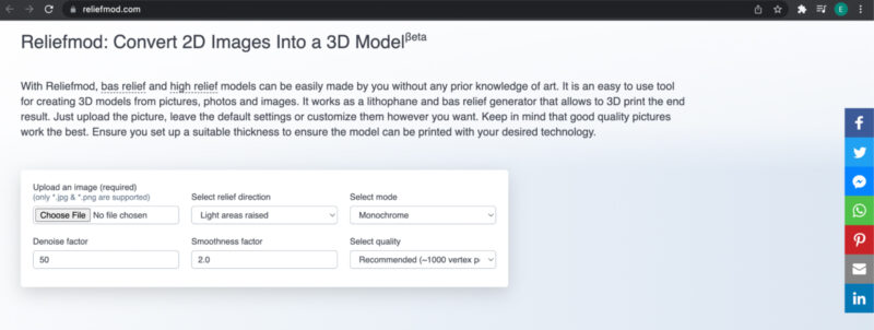 Screenshot of reliefmod 2D photo to 3D model tool