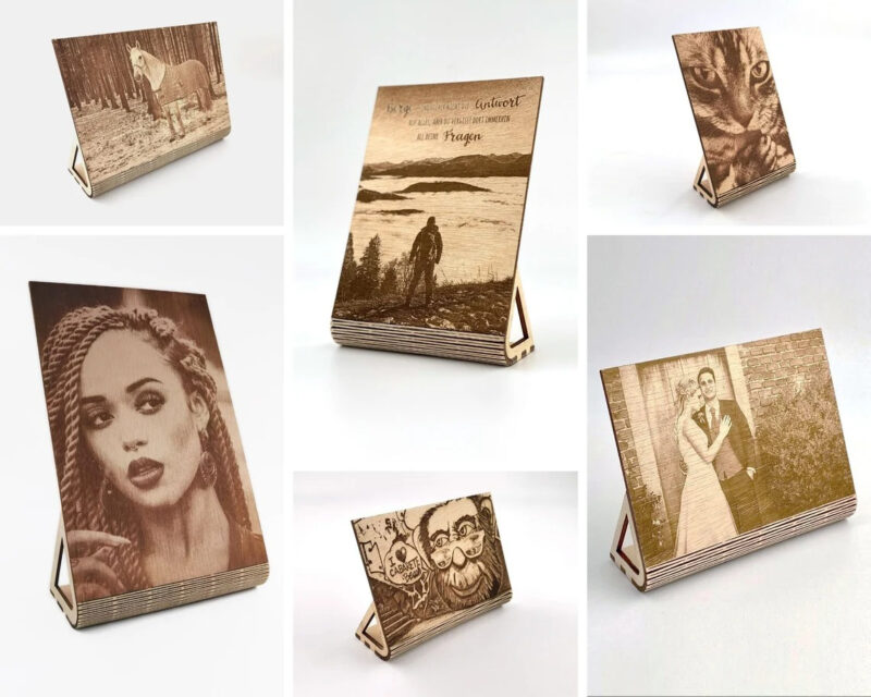 A collection of bent laser cut photo frames