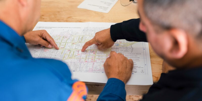 Two engineers pointing at a blueprint on a wooden table