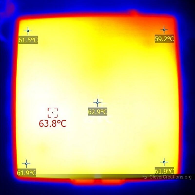 A thermal image of a print surface set to 60 degrees celsius
