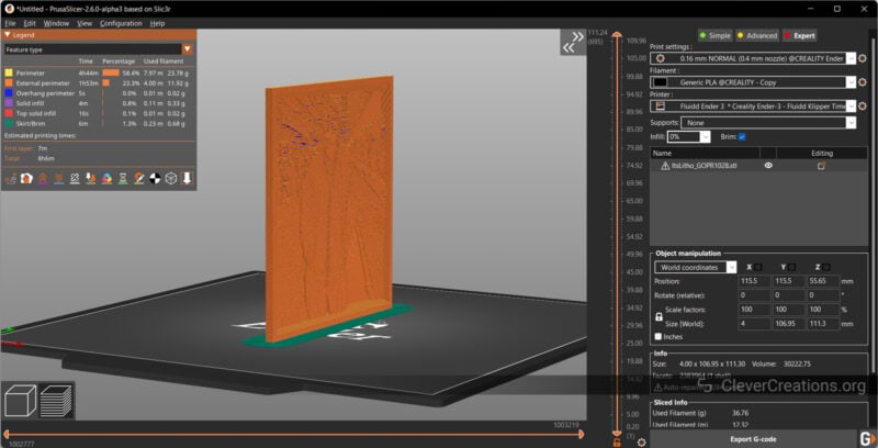 A screenshot of a lithophane 3D model in slicer software