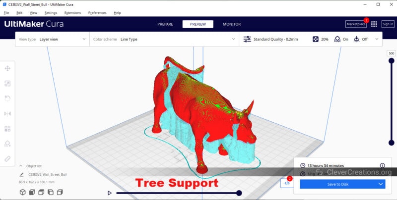 A screenshot of Cura with tree support