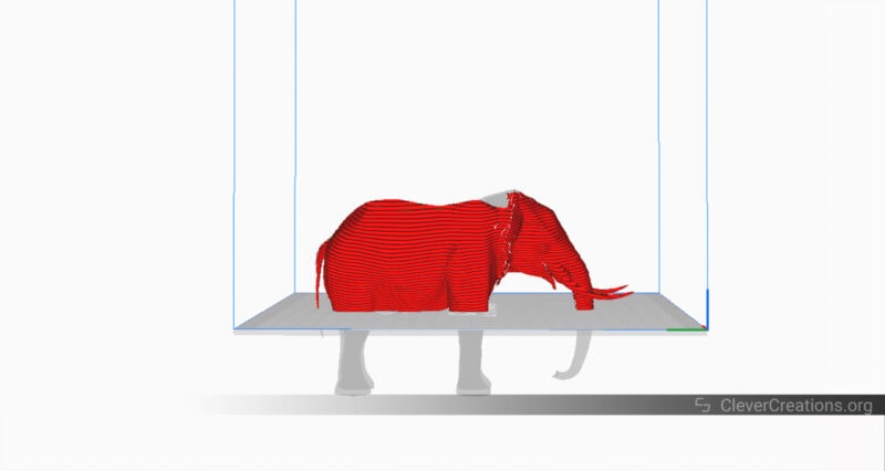An elephant model that is split on the Z-axis in Cura