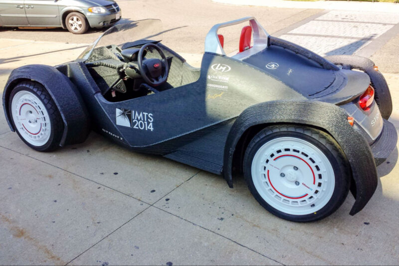An open-roof 3D printed car that shows how long filament lasts outside